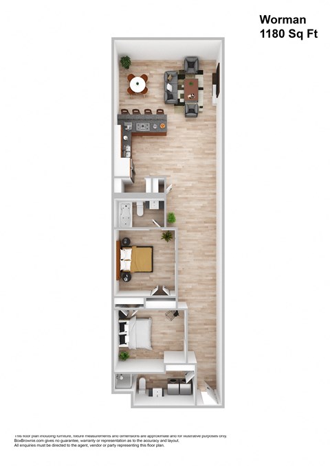 Floor plan for 2 beds, 2 baths, 1180 sqft